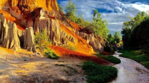Beautiful wallpaper of Fairy Stream in Mui Ne featuring red sand cliffs, green palm trees, and a shallow stream.