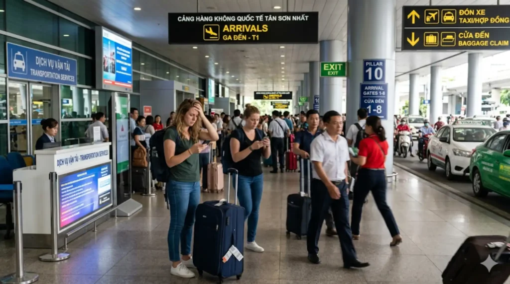 Confused international tourists standing at the Arrivals hall of Terminal 1 (Domestic) at Tan Son Nhat International Airport (SGN) in Ho Chi Minh City, Vietnam. One woman is looking at her phone and scratching her head, appearing lost and struggling to arrange transport, with signs like "ARRIVALS", "TRANSPORTATION SERVICES", and a queue of taxis visible outside.