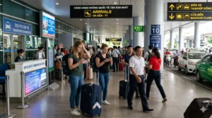 Confused international tourists standing at the Arrivals hall of Terminal 1 (Domestic) at Tan Son Nhat International Airport (SGN) in Ho Chi Minh City, Vietnam. One woman is looking at her phone and scratching her head, appearing lost and struggling to arrange transport, with signs like "ARRIVALS", "TRANSPORTATION SERVICES", and a queue of taxis visible outside.