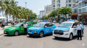 Taxi companies in Mui Ne including Mai Linh, Lado Taxi, and Taxi Quoc Te