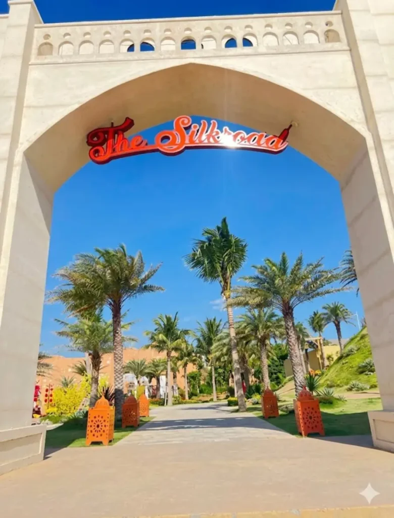 The Silk Road Mui Ne entrance with Middle Eastern architecture and palm-lined pathway