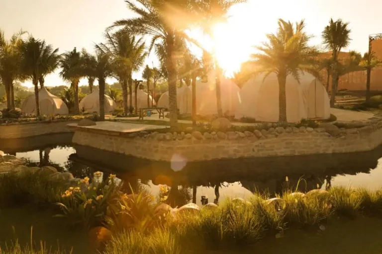 Sunset view of luxury glamping tents at The Silk Road Mui Ne
