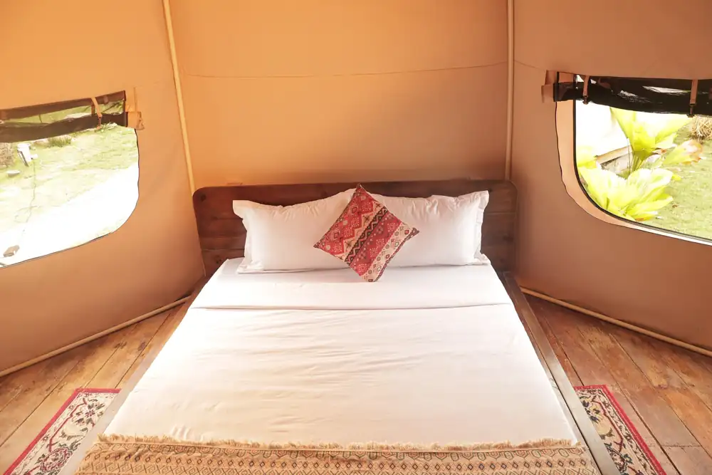Interior of luxury glamping tent at The Silk Road Mui Ne