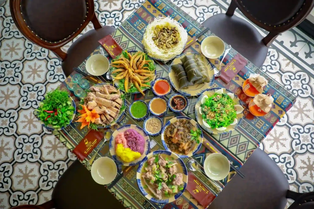 Traditional Indian food in Mui Ne, Vietnam featuring authentic curries, grilled dishes, fresh herbs, rice, and vegetarian specialties served at an Indian restaurant.